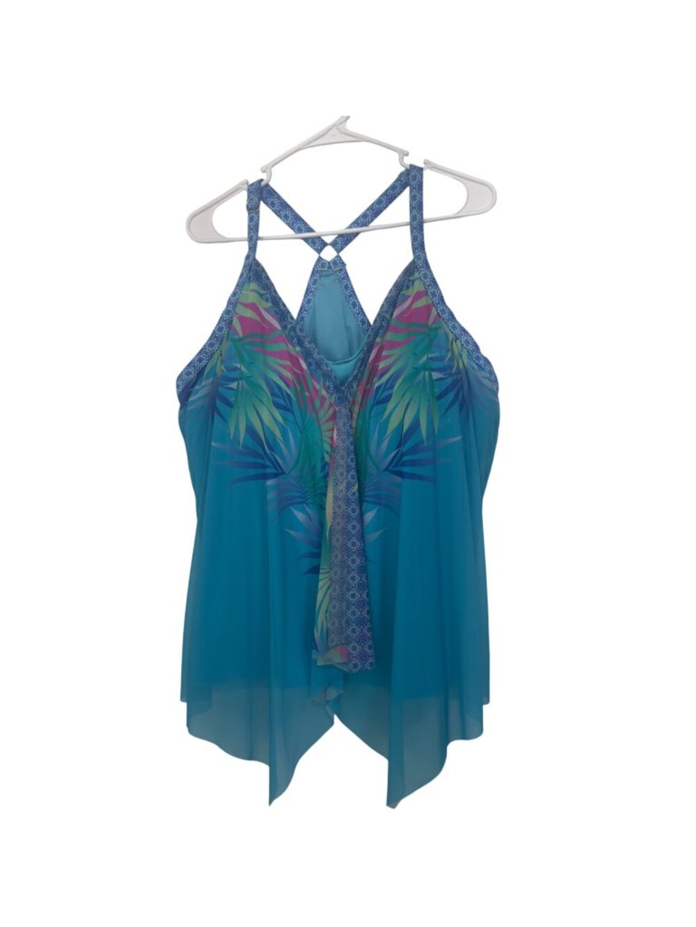 Beach House Womens Plus Size 22W Tropical Print Tankini Swim Top Blue Green